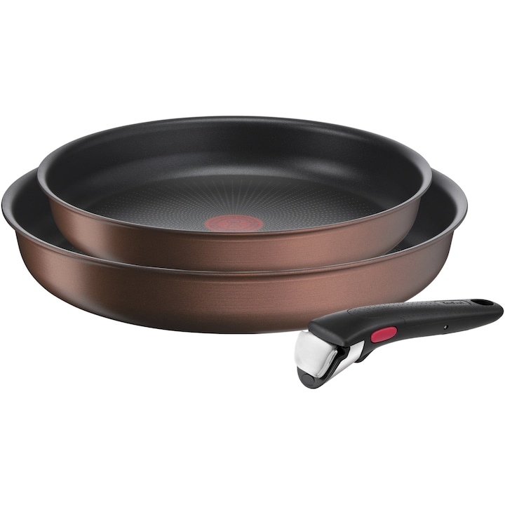 Reducere  RESIGILAT: Set 3 piese Tefal Ingenio Resource, inductie, tigai 24/28 cm, maner detasabil, invelis antiaderent Titanium, indicator temperatura Thermo-Signal, maro