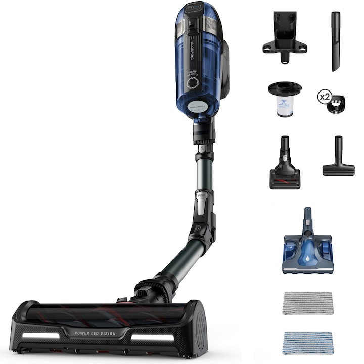 Reducere  RESIGILAT: Aspirator vertical fara fir Rowenta X-Force Flex 12.60 RH98C8WO cu functie de mop, 320W, 25.2V, autonomie 45 min, filtrare 99.9%, tub flexibil, perie cu iluminare LED, panou digital Smart Control, suport de perete cu incarcare, albastru & negru