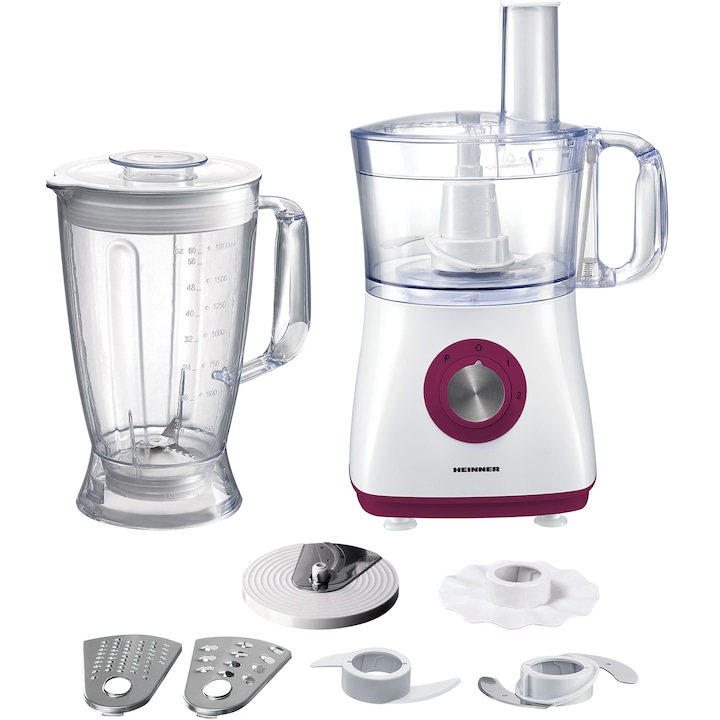 Reducere  RESIGILAT: Robot de bucatarie Heinner Charm HFP-750BG, 750 W, Bol 1.2 L, Blender 1.8 L, 4 discuri, Alb/Visiniu