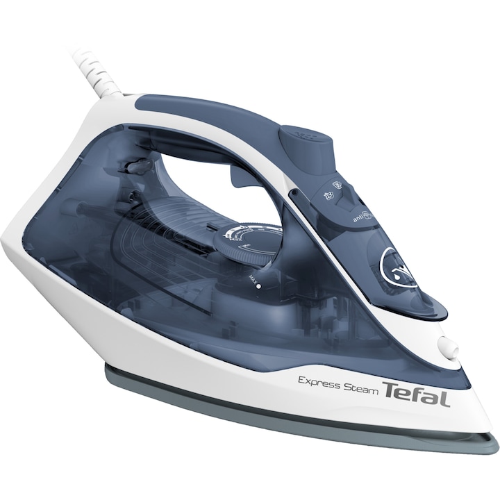 Reducere  RESIGILAT: Fier de calcat Tefal Express Steam FV2837E0, 2400W, jet de abur 165 g/min, abur variabil 0-35 g/min, 270 ml, talpa Cerilium, alb/ albastru