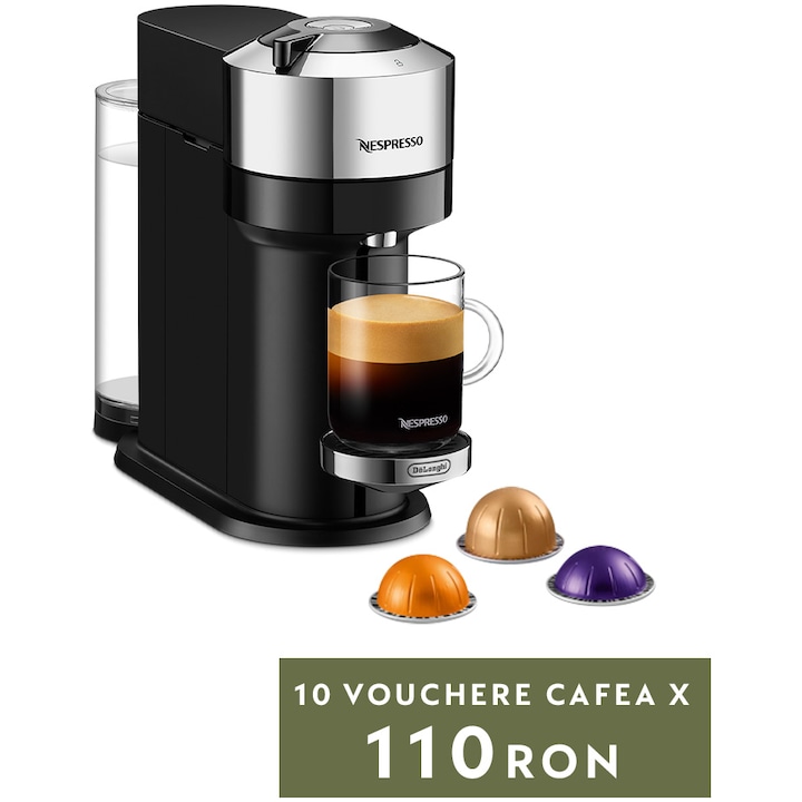 Reducere  RESIGILAT: Espressor Nespresso by De’Longhi ENV120.C Vertuo Next Deluxe Chrome, 1500W, Extractie prin centrifuzie, conectare la telefon, crom argintiu, set capsule degustare inclus