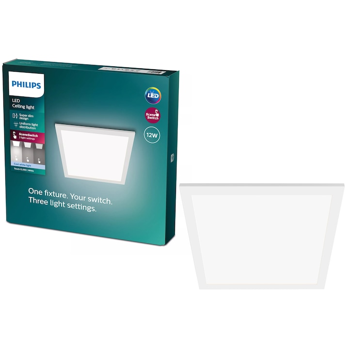 Reducere  RESIGILAT: Panou LED Philips SceneSwitch, intensitate luminoasa reglabila, 12W, 1200 lm, lumina neutra (4000K), 30×30 cm, Alb