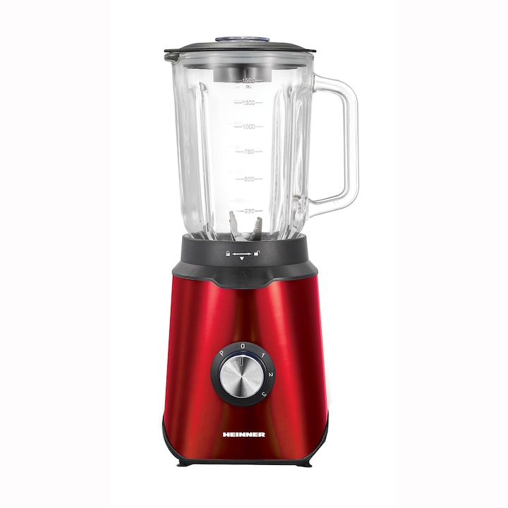 Reducere  RESIGILAT: Blender de masa Heinner Vitality 1000, 1000W, bol sticla 1.5L, 3 viteze+Pulse, 6 lame detasabile din inox, inox, rosu