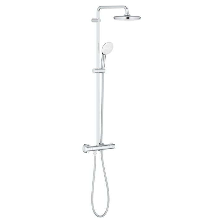 Reducere  RESIGILAT: Sistem de dus cu baterie termostat Grohe Tempesta 210 26811001, montare aparenta, palarie dus 210 mm, para dus 110 mm, furtun dus 175 cm, crom