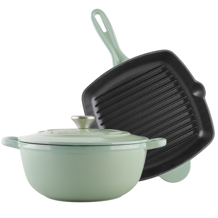 Set 3 Piese Tigaie Grill Si Oala Cu Capac Amercook Ipot Fonta Emailata Inductie Turcoaz Rsgemag6404400X Ac0112800 03Gn