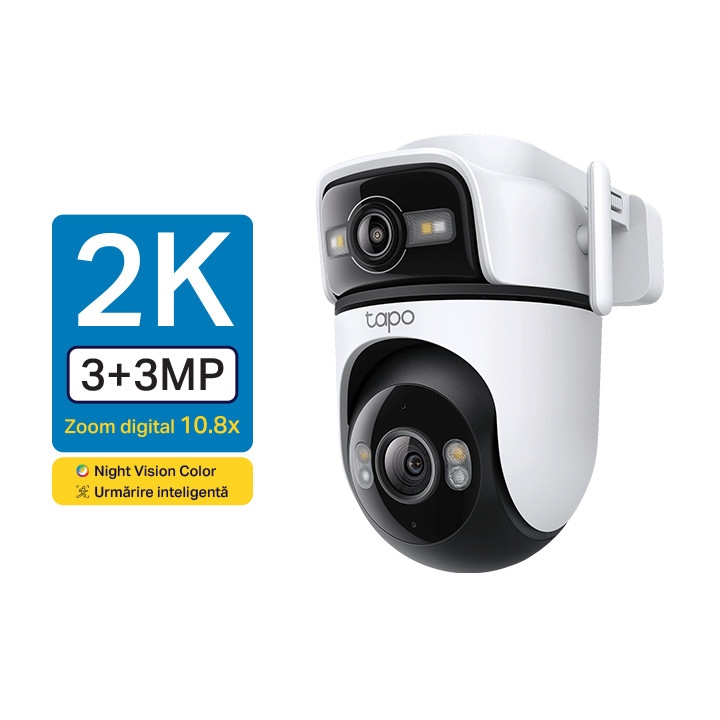 Camera De Supraveghere Wireless Tp Link Tapo C545D Cu 2 Obiective 2K 3Mp 2K 3Mp Pan Tilt Utilizare Exterior Wireless Cu 2 Antene Si Rj45 Unghi Larg 165 Si Teleobiectiv 6 Mm Night Vision Detectare Smar