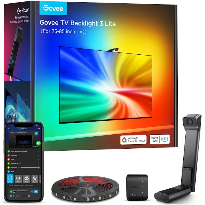 Banda Led Inteligenta Govee Tv Backlight 3 Lite H6099 Wi Fi Bluetooth Rgbicw Camera 75 85 Inch 36W Fisheye Correction Rsgemag6372056X 6974316998679