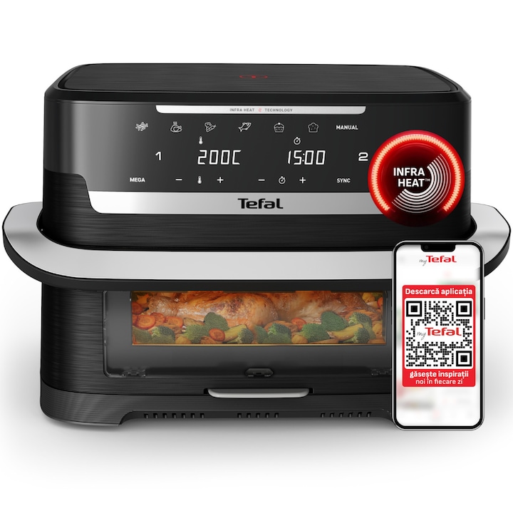 Friteuza Dubla Cu Aer Cald Tefal Dual Easy Fry Flex Infrared Ey9288E0 Air Fryer 2700 W Capacitate 9 L Tehnologie Infraheattm Temperatura Ajustabila 40 200 C 7 Programe Gatire Pe 2 Zone Display Digital